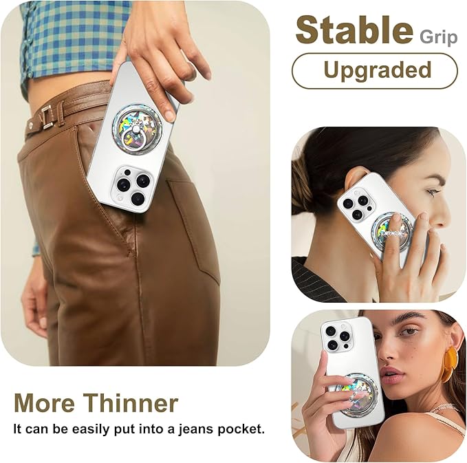 Transparent Magnetic Phone Grip Compatible with MagSafe Phone Ring Holder,360°Adjustable & Removable Silver Golden Diamond Laser Design Magnet Stand for Phones and Tablets