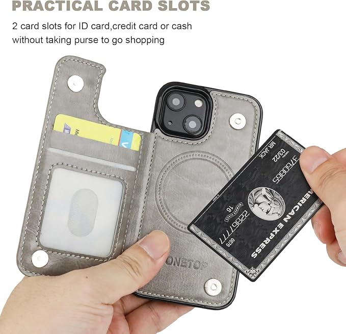 ONETOP Compatible with Magsafe for iPhone 13 Mini Wallet Case with Card Holder, PU Leather Kickstand RFID Blocking Case, Double Magnetic Clasp and Durable Shockproof Cover 5.4 Inch (Grey)