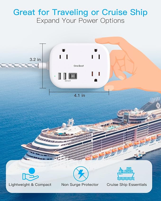 One Beat Cruise Ship Essentials,Travel Power Strip with USB C,Flat Plug Extension Cord 10 FT with 3 Outlets 4 USB Ports(2 USB C),Desk Wall Outlet Extender,Non Surge Protector for Cruise,Dorm Room,ETL