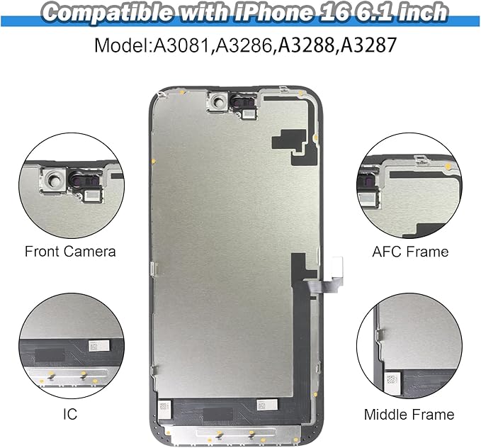 EFAITHFIX for iPhone 16 Screen Replacement 6.1 Inch LCD COF Screen 3D Touch Display Full HD Digitizer Frame Assembly (A3081,A3286,A3287,A3288) with Repair Tool Kit Screen Protector Waterproof Adhesive