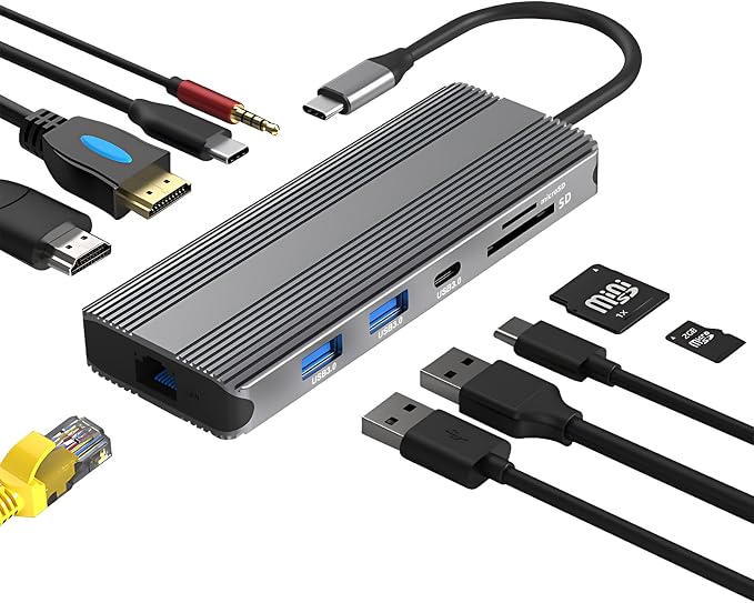 10-in-1 USB-C Docking Station with Dual 8K HDMI, 5Gbps USB 3.0, 100W PD Charging, Gigabit Ethernet, SD/TF Card Reader, Audio, Compatible with Windows/macOS/Linux