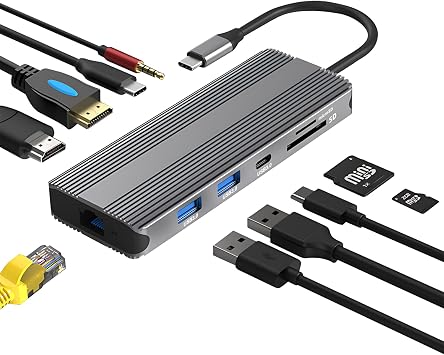 10-in-1 USB-C Docking Station with Dual 8K HDMI, 5Gbps USB 3.0, 100W PD Charging, Gigabit Ethernet, SD/TF Card Reader, Audio, Compatible with Windows/macOS/Linux