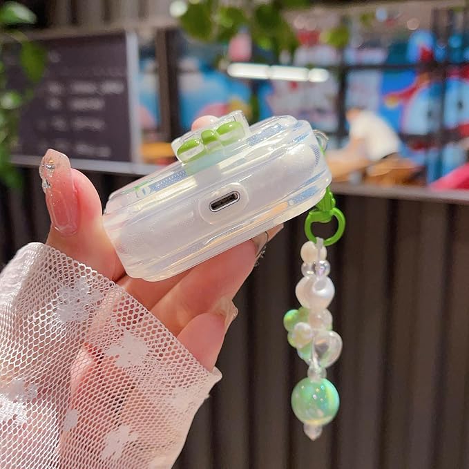 Cute Airpod Pro 2 / Airpod Pro Case 3D Flower with Keychain Clear Hard TPU Protective Cover Compatible with AirPods Pro 2nd/1st Generation Case for Girls Women (Floral Green)