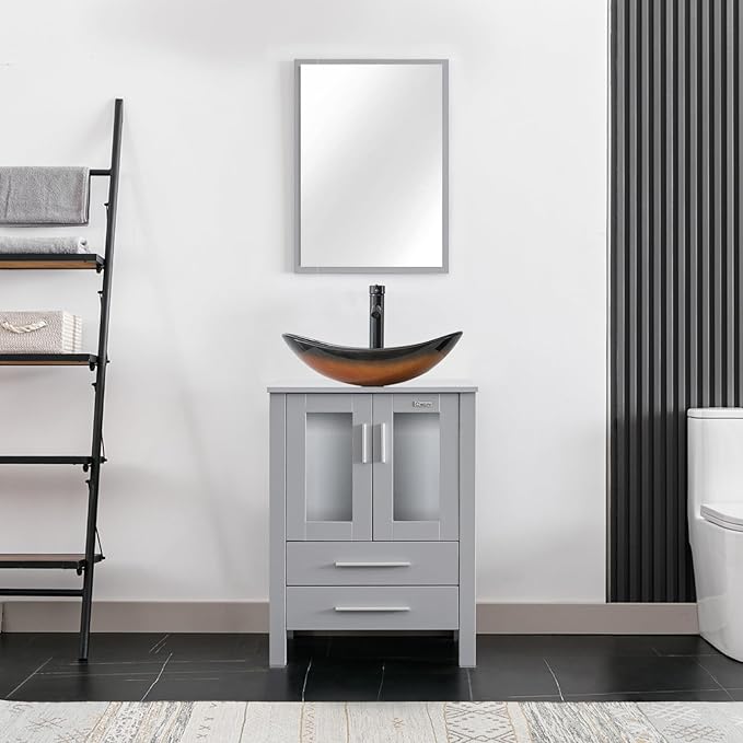 eclife 24" Modern Bathroom Vanity Sink Combo Freestanding Cabinet with Soft Closing Door, Brown Boat Glass Vessel Sink, Water Save Faucet, Drain (Gray+A29BR)