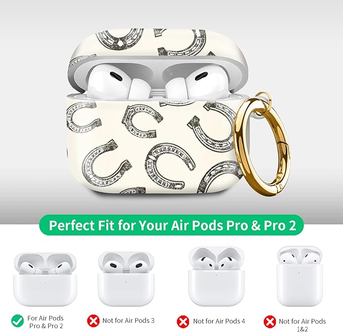 Compatible with Airpod pro 2nd/1st Generation Case Cover with Gold Round Keychain Cute Pattern Hard & Anti Slip Cover for Men Women & Girls（Horseshoe Print）