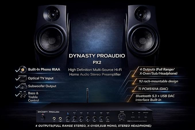 Dynasty ProAudio PX2 High Definition Multi-Source Home Audio Preamp with Qualcomm® aptX™ Lossless Bluetooth 5.3 Chipset/USB DAC Interface Built-in
