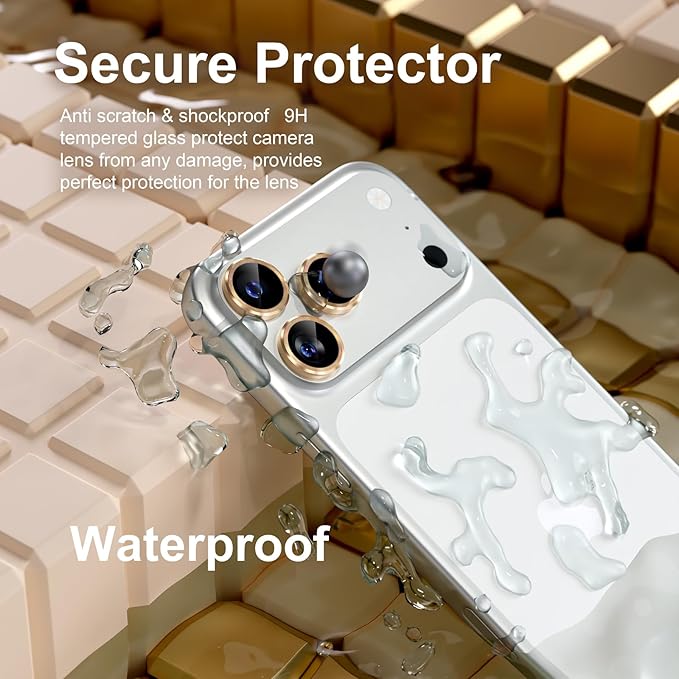 Misea Compatible for iPhone 17 Pro/iPhone 17 Pro Max Camera Lens Protector, Ultra-HD Tempered Glass Camera Cover Screen Protector Metal Individual Ring Protector Decoration Accessories, Gold