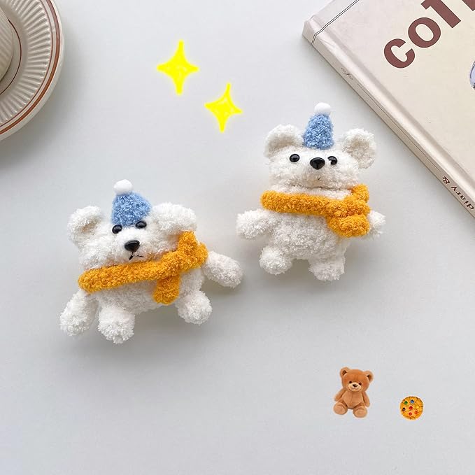 Yatchen Plush Bear Case for AirPods 3,Kawaii Cute 3D Cartoon Fur Bear with Scarf Funny Furry for AirPods 3rd Generation Cover with Keychain Protective Case Women Girls for AirPods 3