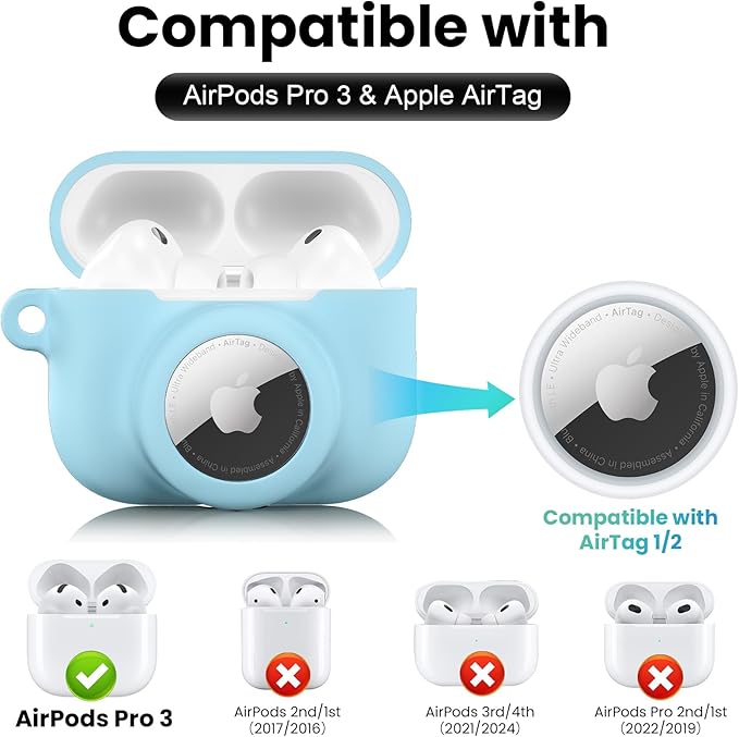 2 in 1 Silicone Case Compatible with AirPods Pro 3 and AirTag 2/1, Shockproof Protective Case Cover for AirPods Pro 3rd Generation 2025 with Cleaner Kit & Carabiner (Sky Blue)