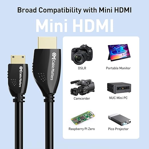 Cable Matters High-Speed 4K@60Hz Mini HDMI to HDMI Cable - 10ft, HDMI2.0 Ready for Tablets, Nikon, Sony, Canon DSLR, Raspberry Pi Zero
