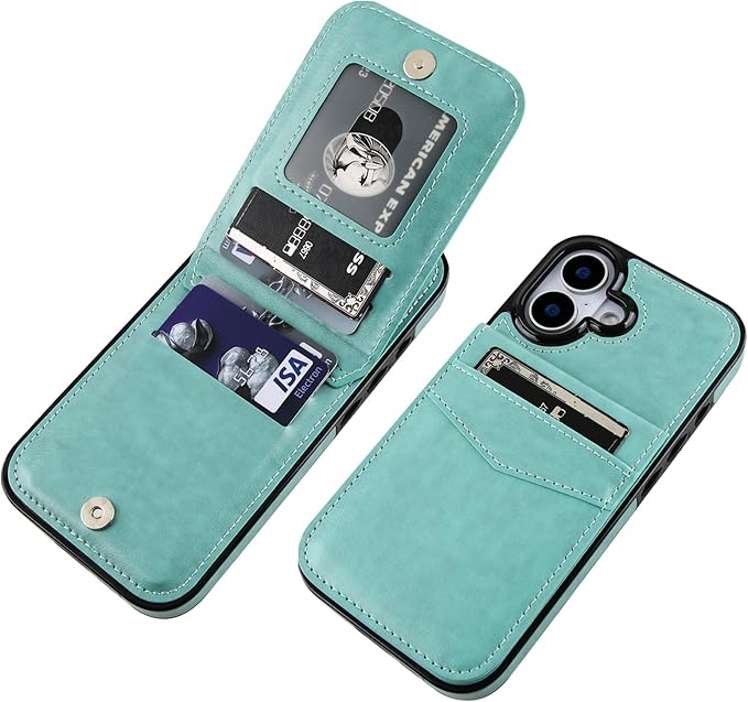 KIHUWEY Compatible with iPhone 17 Case Wallet with Credit Card Holder, Flip Premium Leather Magnetic Clasp Kickstand Heavy Duty Protective Cover for iPhone 17 6.3 Inch (Mint Green)