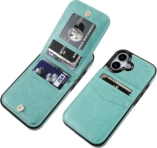 KIHUWEY Compatible with iPhone 17 Case Wallet with Credit Card Holder, Flip Premium Leather Magnetic Clasp Kickstand Heavy Duty Protective Cover for iPhone 17 6.3 Inch (Mint Green)