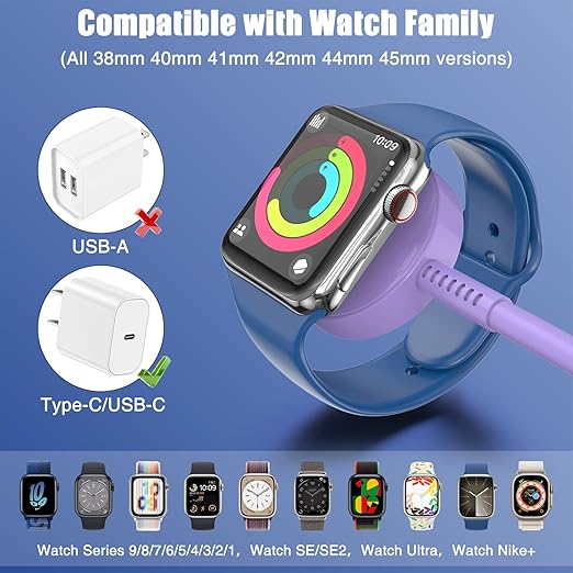 2Pack for Apple Watch Charger USB C Magnetic iWatch Charger Cable Fast Charging Cord Compatible with Watch Ultra2 Ultra Series 9 8 7 6 SE SE2 5 4 3 2 1-3FT(1M) Purple