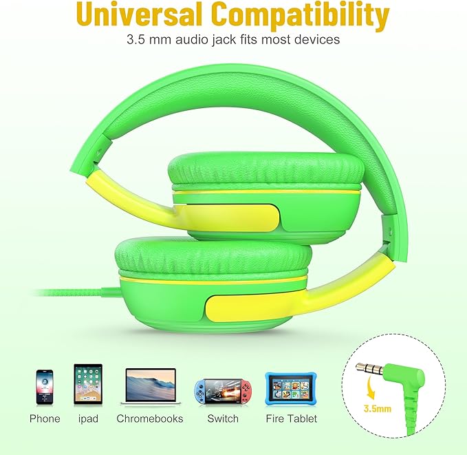 rockpapa Share 1 Kids Headphones Wired with Microphone & Share Port, 85dB/94dB Volume Limited, Cute Foldable Student Child Boys Girls Headphones for School/Travel Green/Yellow+Pink/Green