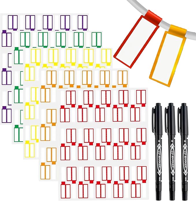 300 Pack Color-Coding Cable Labels Tags Kit with 3 Markers - Water-Resistant Wire Labels for Electronics, Home Theater & PC Setup | Tear Resistant & Heat Resistant Organizer Stickers (-22°F to 248°F)