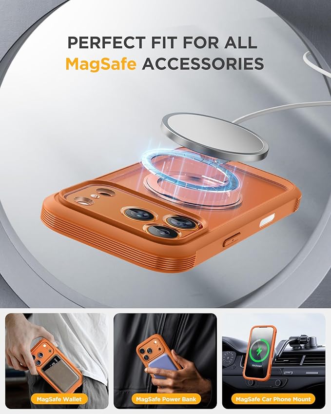 Miracase for iPhone 17 Pro Case with 360 Spin Magnetic Stand, Full-Body Phone Case with Built-in Glass Screen Protector & Camera Control, Drop Proof iPhone 17 Pro Cover, Orange