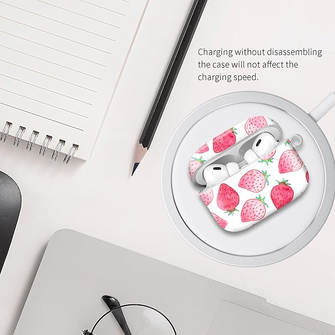 Compatible with Airpod pro 2nd/1st Generation Case Cover with Gold Round Keychain Cute Pattern Hard & Anti Slip Cover for Men Women & Girls（Pink Strawberry）