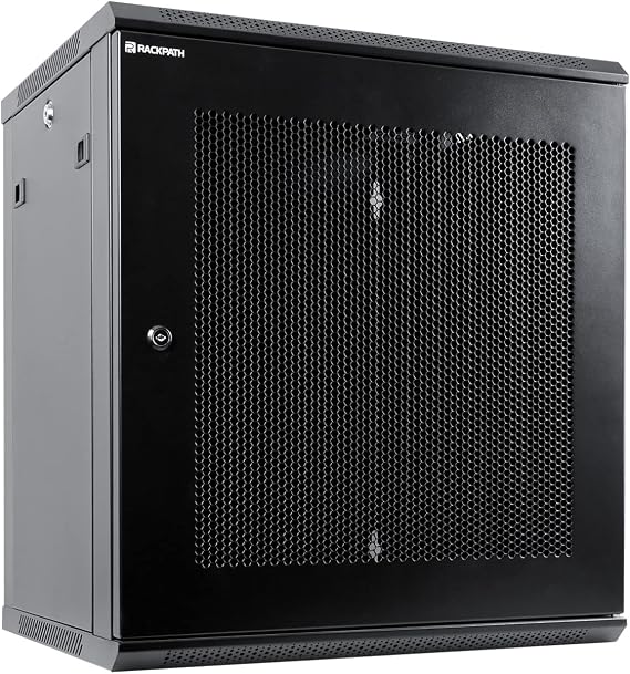 RackPath 12U Wall Mount Server Cabinet Network Rack Enclosure, Quiet Cooling Fan, Perforated Door, Black