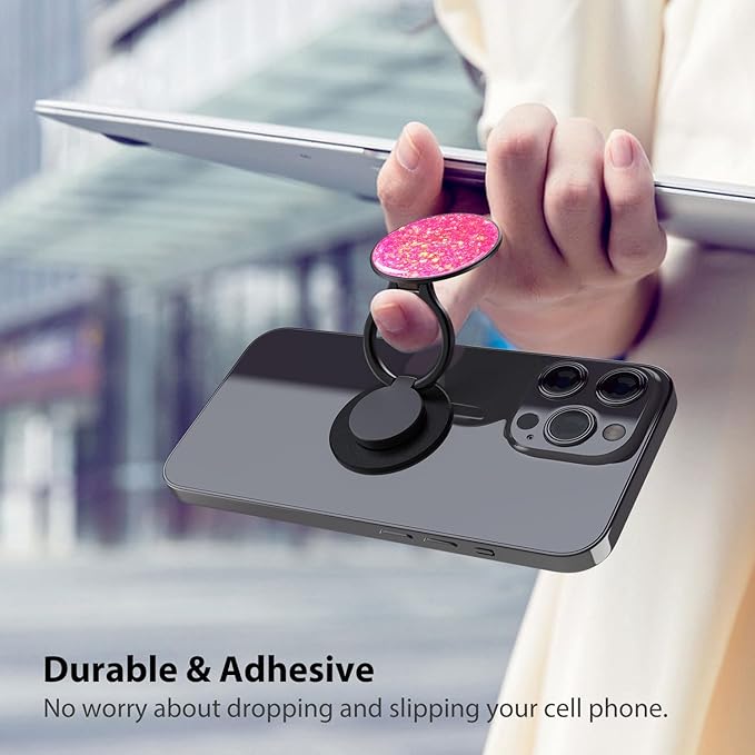 Phone Ring Holder, Phone Grip Holder Finger Kickstand, Foldable & Adjustable Metal Cell Phone Rings Gripper Stand Work with Magnetic Car Mount for iPhone Samsung & Other Phones - Sparkle Pink