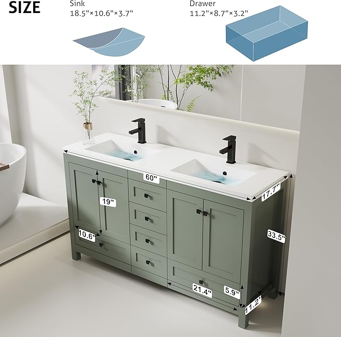 eclife 60" Bathroom Vanities with Sink Combo, Modern Thickened Wood Bathroom Storage Cabinet w/Undermount Double Sink, Matte Black Faucet Drain, Painted Surface, Green