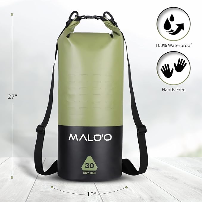 Malo?™o DryPack 30L Waterproof Kayak Dry Bag, Heavy Duty Roll-Top Dry Bag with MOLLE Grid and Carry Straps for Fishing, Paddle Boarding, Boating, Camping, and Travel, Green