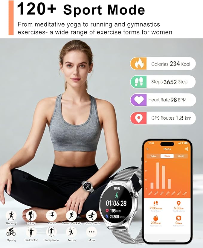 Smart Watches for Women, 1.27" TFT Touchscreen Smartwatch Answer/Make Call, Activity Fitness Trackers with 120+ Sports/HR/Sleep/SpO2 Monitor, IP68 Waterproof for Android iOS (Silver)