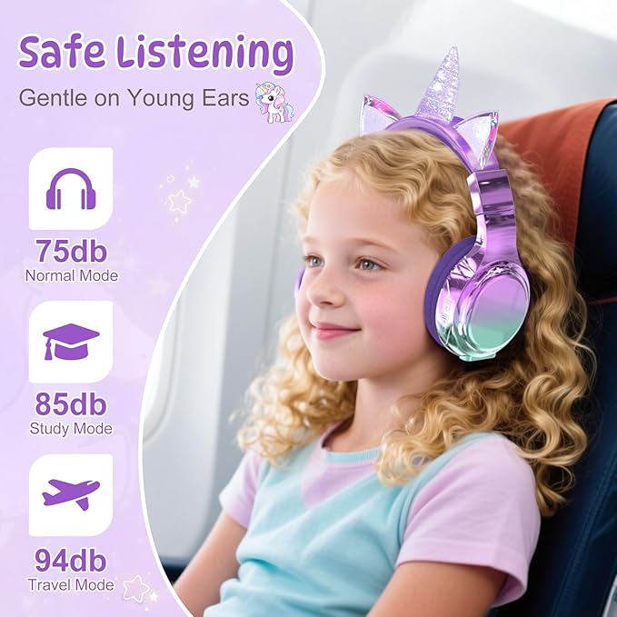 QearFun Kids Unicorn Bluetooth Headphones, 60H Playtime, 74/85/94dB Safe Volume Limit, Metallic Gradient Wireless Headset with Mic, Fast Charging, Foldable, Wired Mode for Girls School/Tablet/Travel