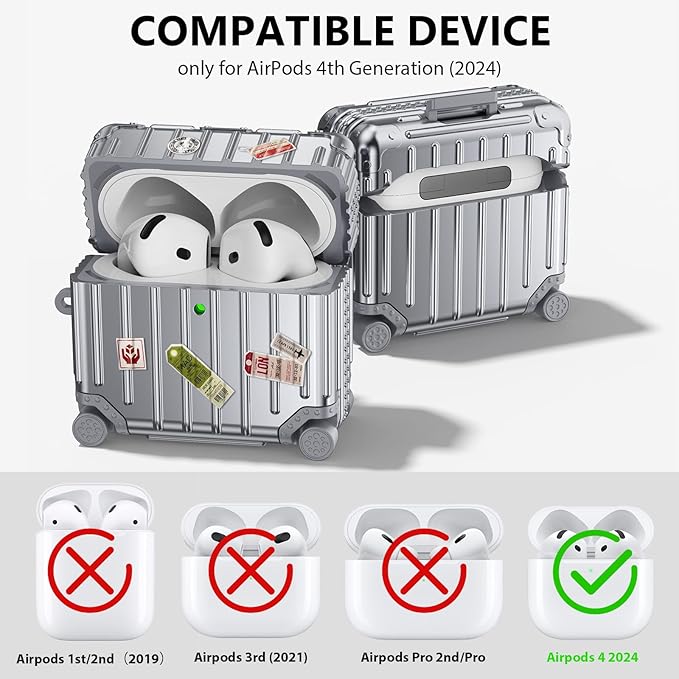 Filoto Compatible with Airpods 4 Case, Cute Fashion Suitcase Design for Airpods 4th Generation Case Cover, Shockproof Protective Hard Case with Keychain/Cleaner Kit (Silver, Airpods 4 Case)