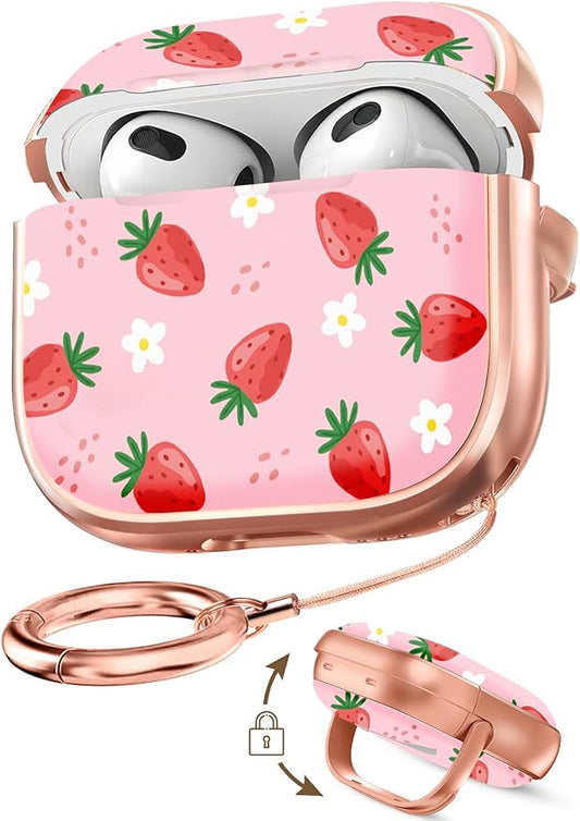 Coralogo for AirPods 3rd Case with Safety Lock - Cute Cartoon for AirPods 3rd Generation for Women Girls Fashion Stylish Strawberry Pattern Design Kawaii Girly Girlish Hard Protective Cover