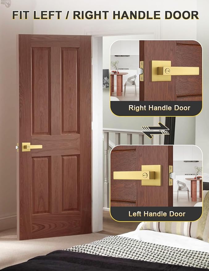3 Pack Heavy Duty Gold Square Privacy Interior Door Levers, Satin Brass Finish, Bedroom and Bathroom Door Handles Keyless Bed/Bath Lockset