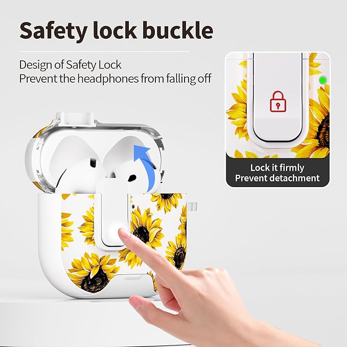 for AirPods 4 Case with Secure Lock Clip in Phone Stand,Floral Girly Style Protective Cover with Cleaning Kit and Hand Strap for Apple AirPod 4 Generation (White Sunflower)