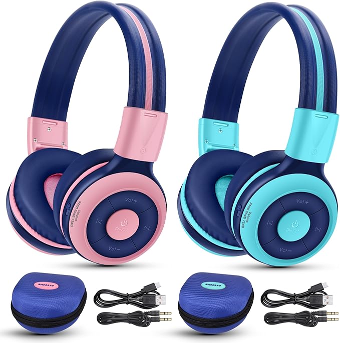 SIMOLIO Kids Headphones Bluetooth 2 Pack with 75dB,85dB,94dB Volume Limit, Wireless Kids Headphone with Mic & Hard Case, Children Headsets with Share Jack for Girls Boys, Toddlers (Pink+Mint)