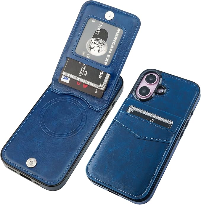 KIHUWEY for iPhone 16 Case Wallet Compatible with MagSafe Wireless Charging, Credit Card Holder, RFID Flip Leather Magnetic Clasp Kickstand Heavy Duty Protective Cover 6.1 Inch (Blue)