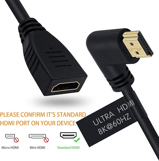 Poyiccot 8K HDMI Extension Cable, HDMI 2.1 Cable 90 Degree Right Angle Male to Female Extender Cord Support 48Gbps 8K 60Hz, 4K 120Hz, 3D Ultra HDR for Laptop,PC, 2feet(M/F Right)