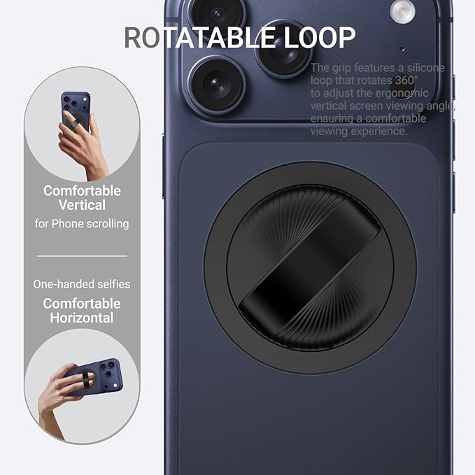 Grat 3 Lite Magnetic Phone Loop, [Nylon-core Silicone Strap] 360° Rotatable Phone Grip, Detachable Finger Holder Compatible with Magsafe for iPhone 16 15 14 13 12 Pro/max, Black