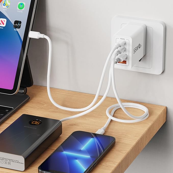 USB C Wall Charger, 55W 4-Port Fast USB C Charger Block, Dual Port QC 3.1A + PD 20W Power Adapter Multiport Type C Charging Block Cable for iPhone 17 16 15 14 13 12 11 Pro Max XR XS 8, Samsung,Tablets