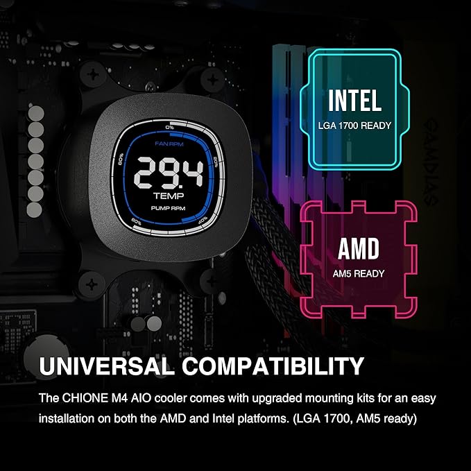 GAMDIAS 240mm CPU Liquid Cooler AIO w/ 2.1" Display & Customized Software, CPU Water Cooler w/Thick Radiator and ARGB PWM 2X 120mm Computer PC Case Fans, Compatible w/Intel 1700/1200 & AMD AM5/AM4