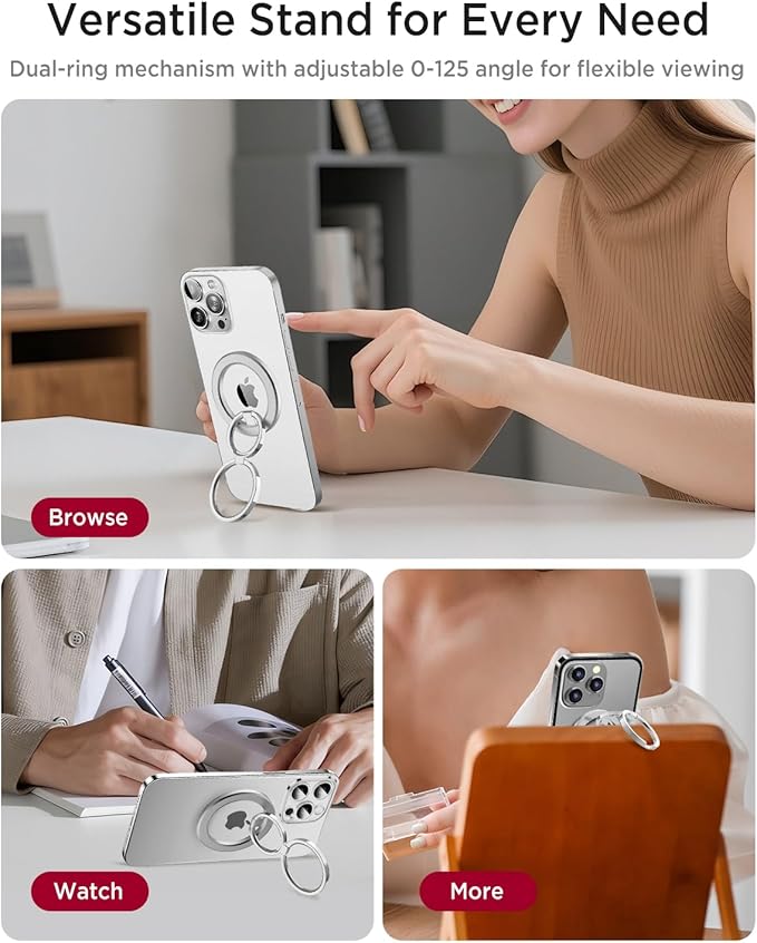 Miimall for MagSafe Ring Holder, Magnetic Phone Finger Loop Grip Stand, Double-Sided Strong Magnet for Google Pixel 10 Pro/XL/Fold, Samsung Galaxy S26 and iPhone Series Adjustable Kickstand Silver