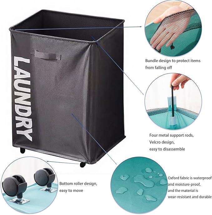 85L Laundry Baskets with Wheels, Large Collapsible Waterproof Laundry Hamper, Bottom Widening Design, Foldable Storage Square Dirty Clothes Bins for Laundry Room, Bathroom, Dorm (Dark Gray)