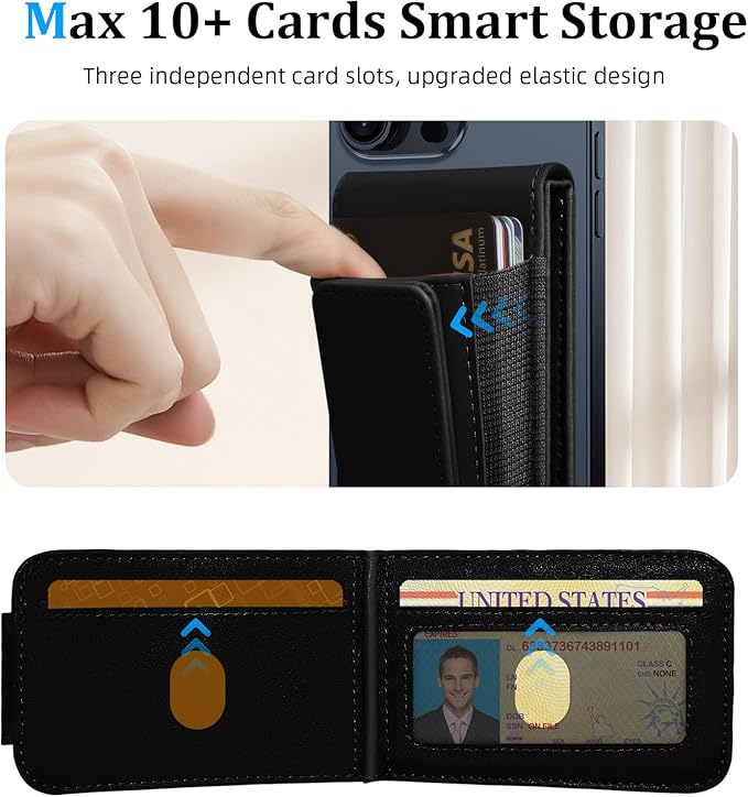 for MagSafe Wallet, Magnetic Phone Wallet with Adjustable Stand & Money Clip, Detachable Magnetic Wallet for iPhone 16/15/14/13/12 Pro Max Plus, 10+ Cards Holder