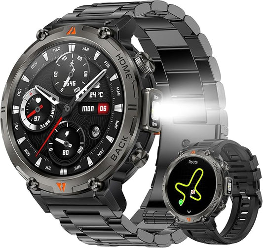 Military Smart Watches for Men Built-in GPS with LED Flashlight Compass, 3ATM Waterproof Rugged Tactical Smartwatch with Text and Call, 1.45" HD Fitness Tracker with HR SPO2 Monitor for iPhone Android