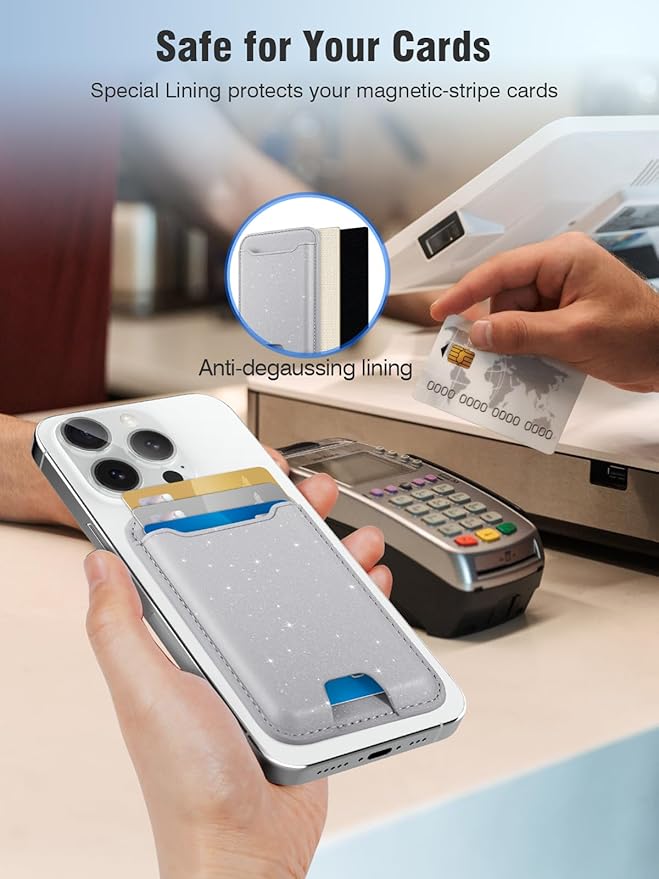 TopMade for Magsafe Wallet, Sparkle Magnetic Card Holder for iPhone 17, iPhone 16/15/14/13/12 Series, Leather Magnetic Phone Wallet with Powerful Magnet, RFID Blocking, Fit 4 Cards, Glitter Gray