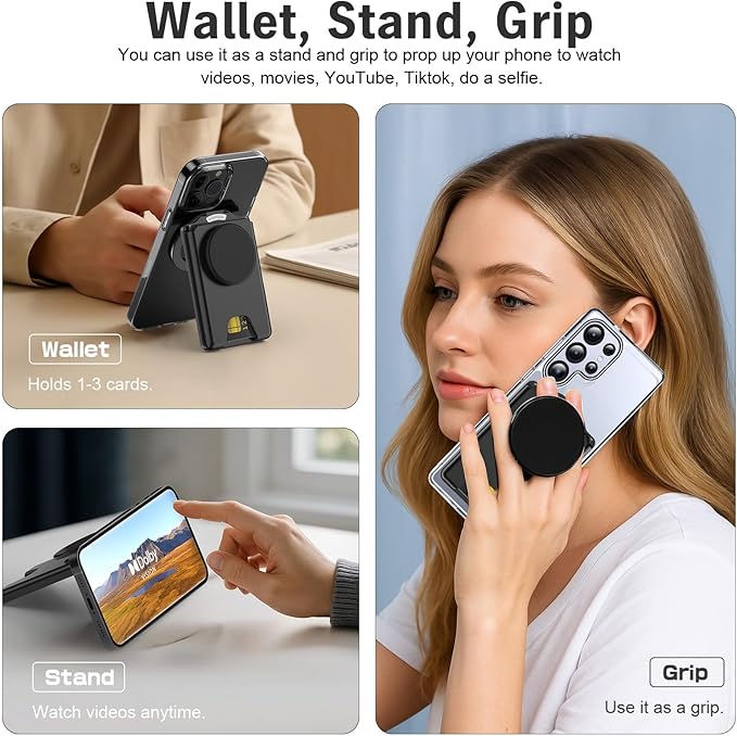 for MagSafe Wallet Stand, Magnetic Wallet Stand Adjustable, Phone Stands Card Holder with Secure Grip, for Samsung S25 S24 S23 Series and for iPhone 17 16 15 14 13 Series, Fit 3 Cards,Translucent Pink