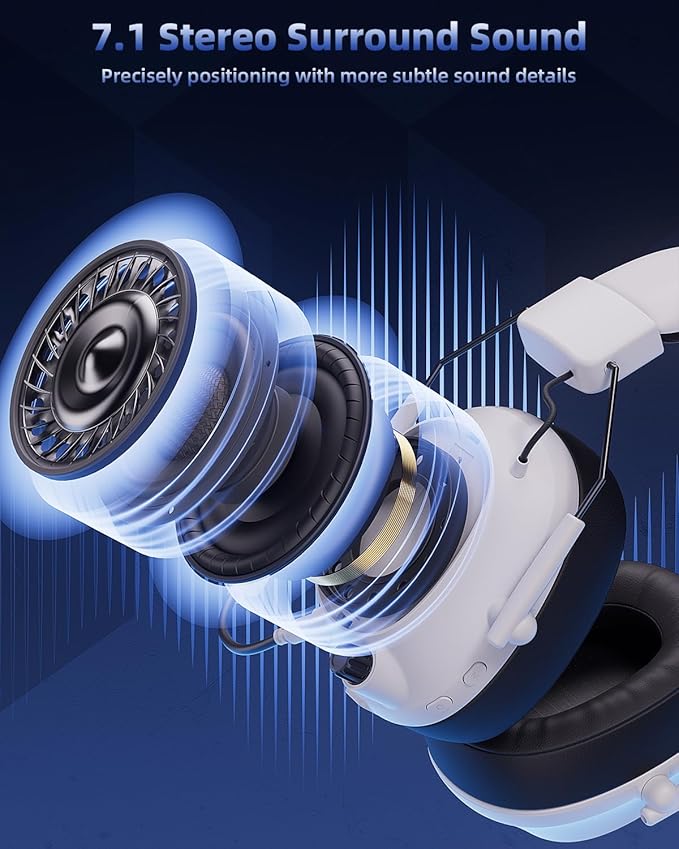 Mytrix Tac Master 2.4GHz Wireless Gaming Headset with Noise Canceling Microphone for PC, PS4, PS5, Mac, Bluetooth 5.3 Gaming Headphones with RGB Light, Surround Sound, 50H Battery (White)