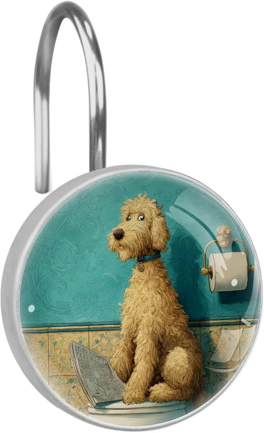 Dog on The Toilet Shower Curtain Hooks 12Pcs, Decorative Rust Resistant Shower Rings for Shower Curtain Rods, Stainless Steel Round Curtain Hooks for Bathroom, Bedroom, Farmhouse