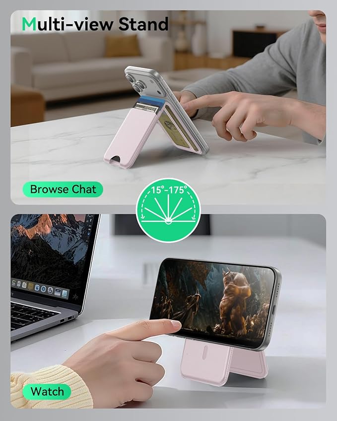 for MagSafe Wallet with Stand, 5 Card Holder, Slim Leather Magnetic Wallet for iPhone 17/16/15/14/13/12 Pro Max Plus Air Series, 3 Card Slots & 1 Cash Slot,Pink