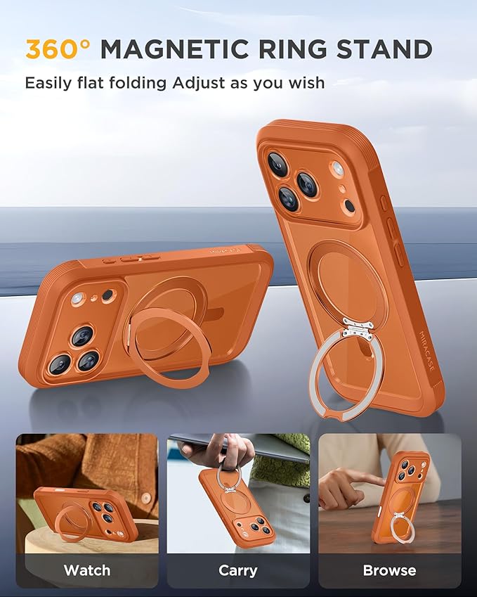 Miracase for iPhone 17 Pro Max Case with 360° Magnetic Ring Stand [Compatible with Magsafe] Full-Body Drop Proof Bumper Phone Case with Built-in 10H Tempered Glass Screen Protector,Orange