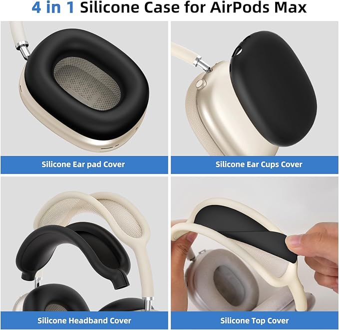 Silicone Case Cover for AirPods Max, Ear Pad Case Cover/Ear Cups Cover/Headband Cover for AirPods Max Headphones, Accessories Silicone Protector for Apple AirPods Max USB-C (2024/2020), Black [4 in 1]