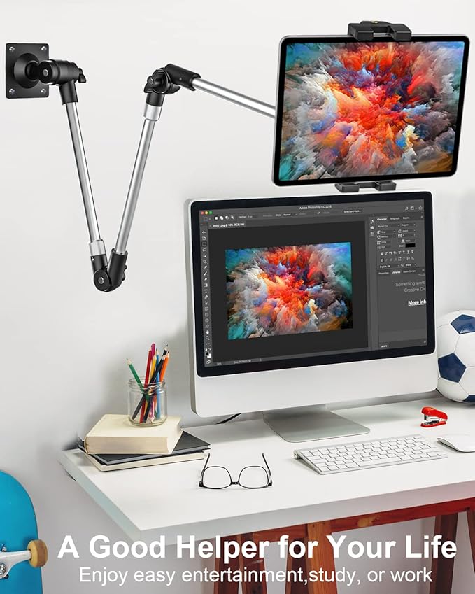 Tablet Wall Mount Holder, 35" Aluminum Foldable Arm, 360 Degree Angle Adjustable for Kitchen/Desk, for iPad Pro Air Mini, Galaxy Tab, Z Fold, Fire HD, Switch, iPhone, Camera, Webcam, 4.7-13" Devices