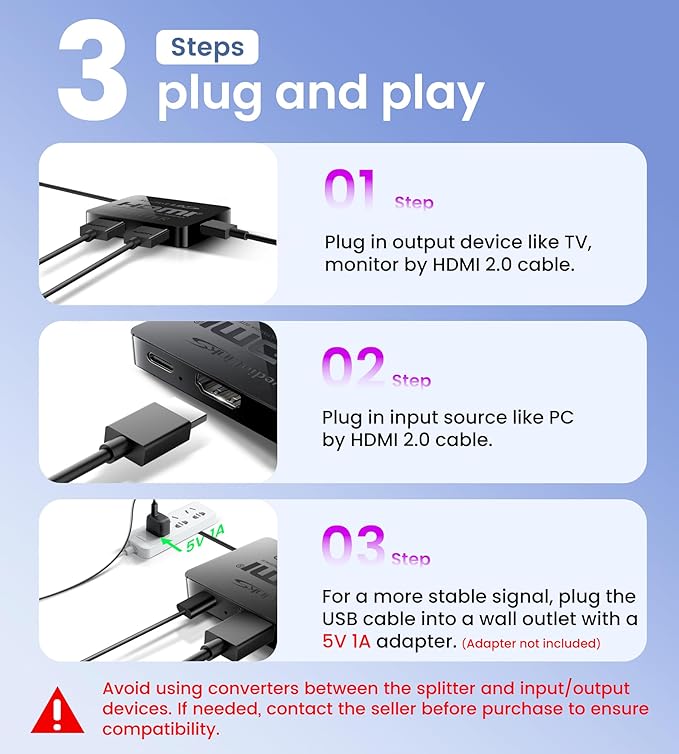 avedio links HDMI Splitter 1 in 4 Out with Hdmi Cable, 4K HDMI Splitters 1X4 Mirror Screen, USB Power Splitter 1 Input 4 Output Support 4KX2K, 1080P@60Hz, 3D, HDR, 1 Source to 4 Display Devices